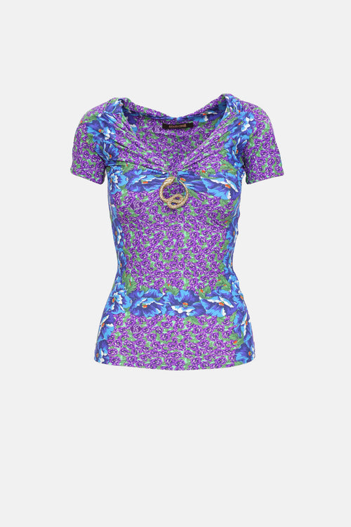 Roberto Cavalli 2008 Floral V-Neck T-shirt