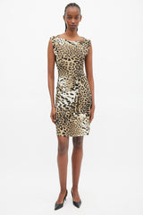 Roberto Cavalli Beige & Black Printed Pinned Dress