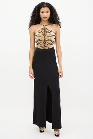 Roberto Cavalli Black & Beige Silk Pearl Halter Gown