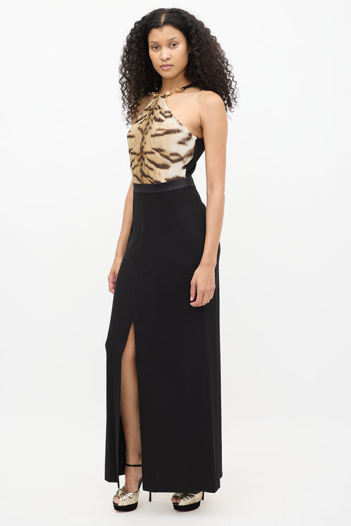 Roberto Cavalli Black & Beige Silk Pearl Halter Gown