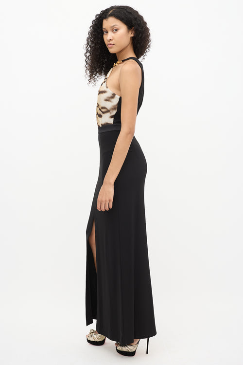 Roberto Cavalli Black & Beige Silk Pearl Halter Gown