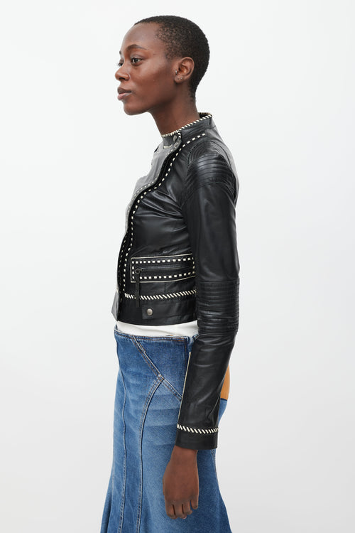 Roberto Cavalli Black & White Whipstich Leather Jacket