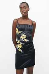 Roberto Cavalli Black & Yellow Silk Floral Embroidered Dress