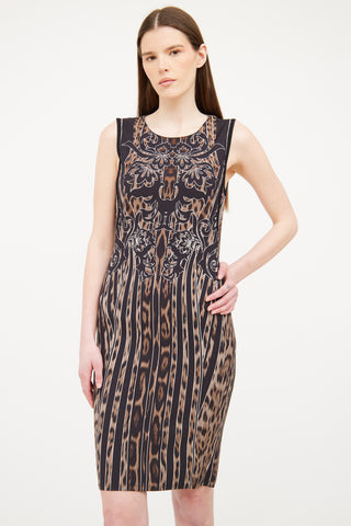 Roberto Cavalli Black & Brown Patterned Dress