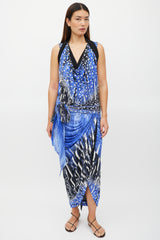 Roberto Cavalli Blue & Black Polka Dot Gathered Belted Dress