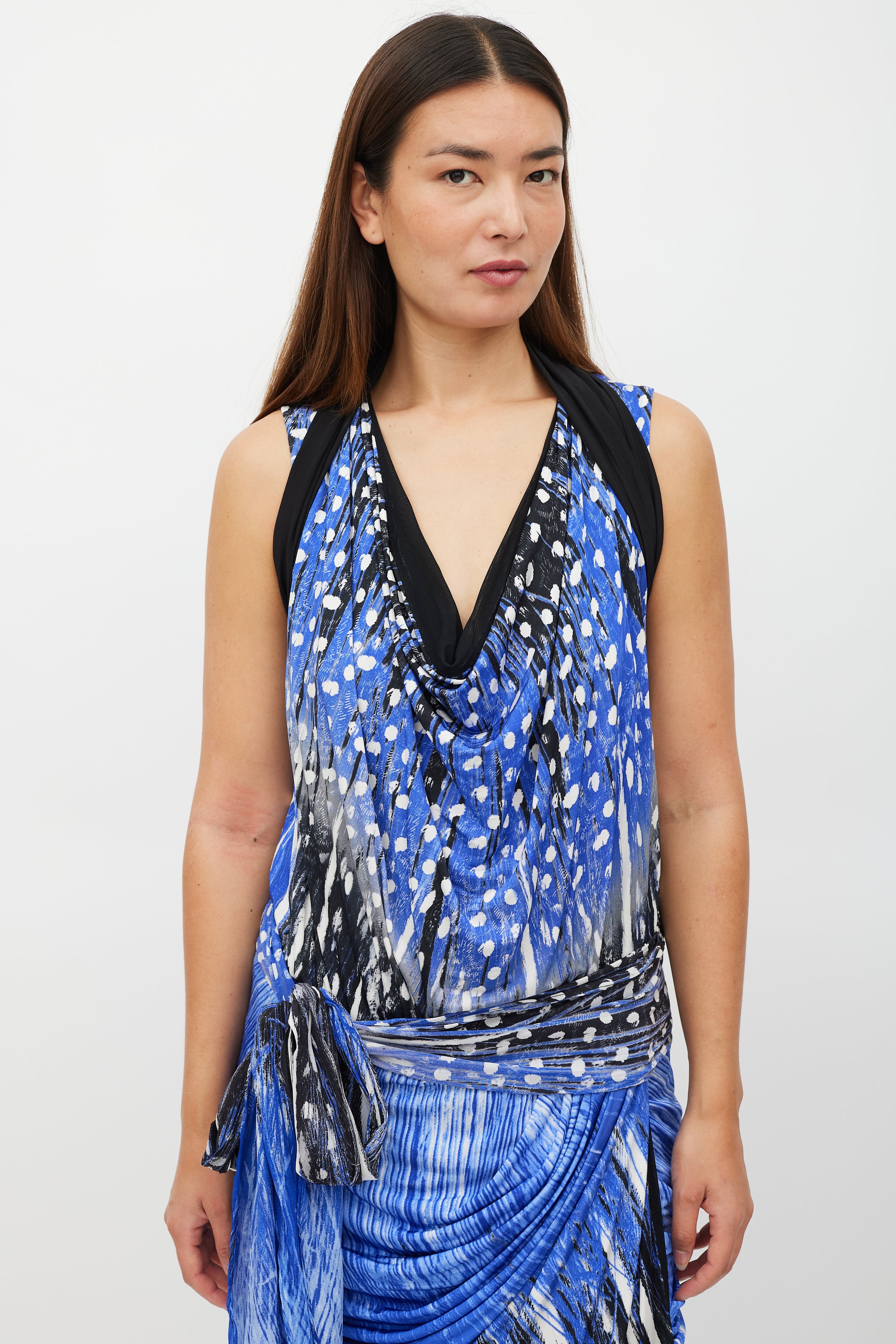 Roberto Cavalli // Blue & Black Polka Dot Gathered Belted Dress VSP Consignment Roberto Cavalli // Blue & Black Polka Dot Gathered Belted Dress VSP Consignment