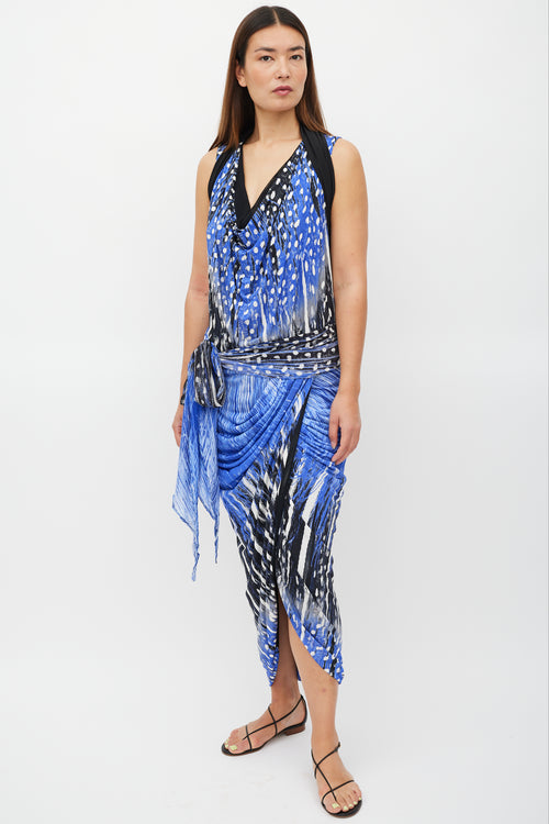 Roberto Cavalli Blue & Black Polka Dot Gathered Belted Dress