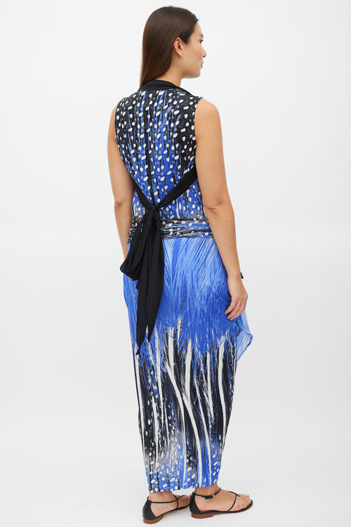 Roberto Cavalli Blue & Black Polka Dot Gathered Belted Dress