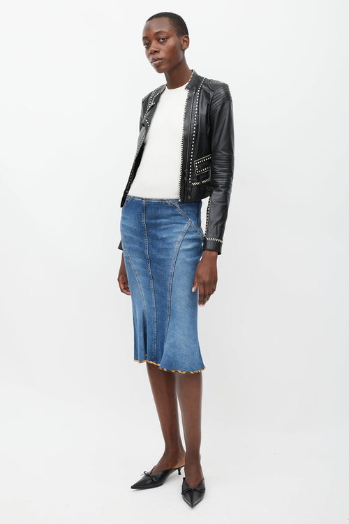 Roberto Cavalli Blue & Brown Leather Patch Pocket Denim Skirt