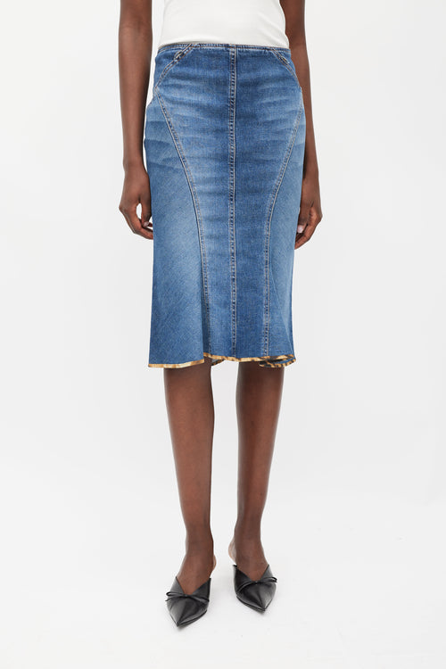 Roberto Cavalli Blue & Brown Leather Patch Pocket Denim Skirt