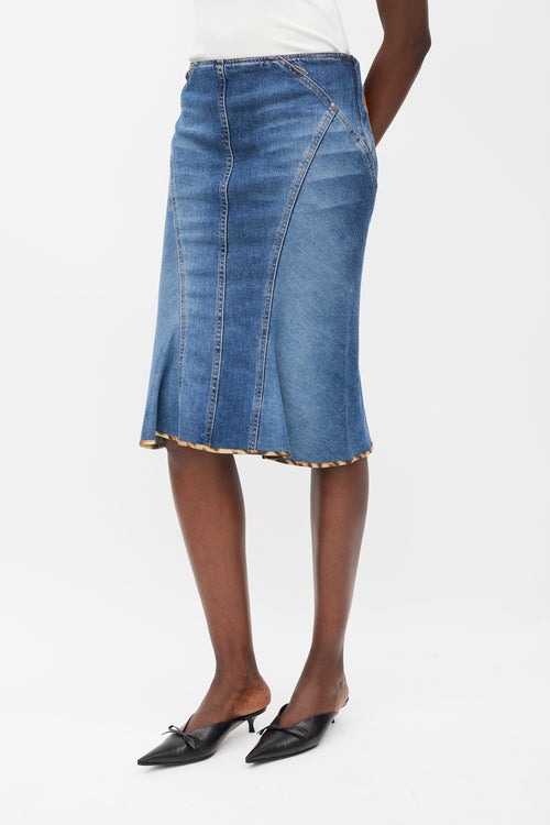 Roberto Cavalli Blue & Brown Leather Patch Pocket Denim Skirt