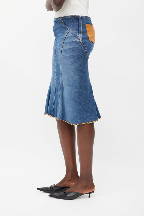 Roberto Cavalli Blue & Brown Leather Patch Pocket Denim Skirt