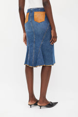 Roberto Cavalli Blue & Brown Leather Patch Pocket Denim Skirt