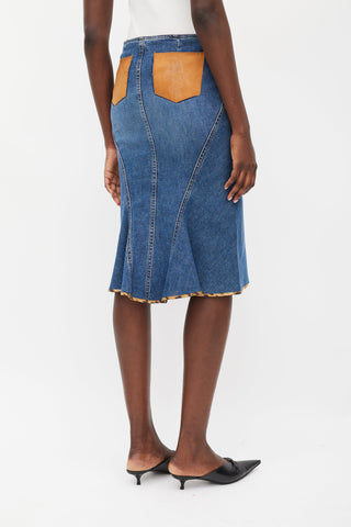 Roberto Cavalli Blue & Brown Leather Patch Pocket Denim Skirt