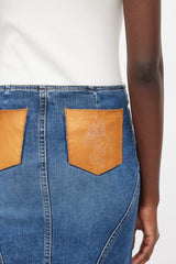 Roberto Cavalli Blue & Brown Leather Patch Pocket Denim Skirt