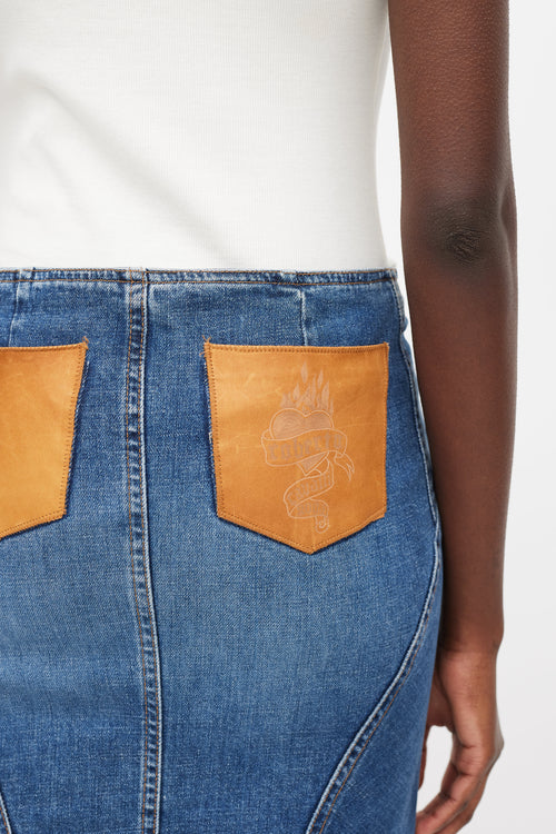 Roberto Cavalli Blue & Brown Leather Patch Pocket Denim Skirt