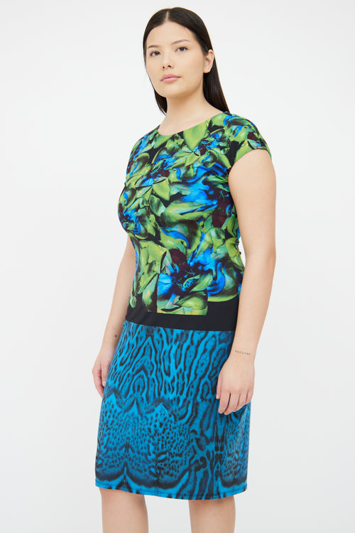 Roberto Cavalli Blue & Green Sleeveless Printed Dress