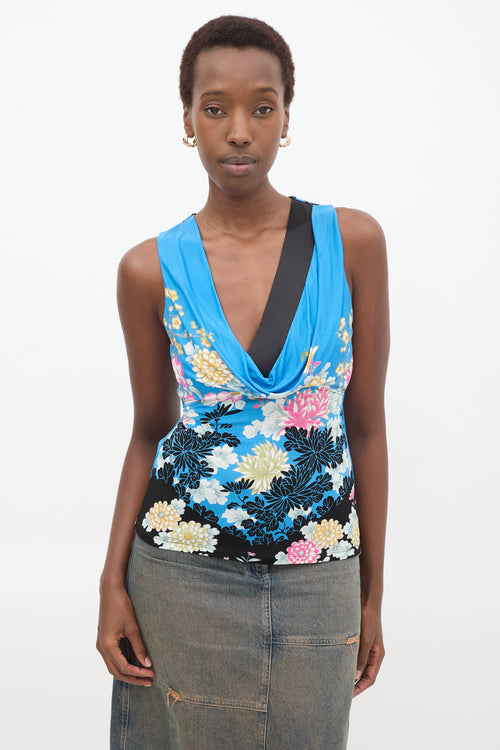 Roberto Cavalli Blue & Multi Floral Cowl Neck Top