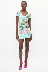 Roberto Cavalli Blue & Multi Floral V-Neck Dress