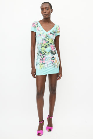 Roberto Cavalli Blue & Multi Floral V-Neck Dress