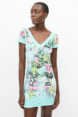 Roberto Cavalli Blue & Multi Floral V-Neck Dress