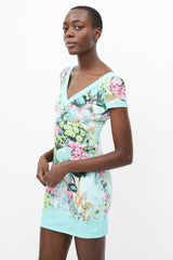 Roberto Cavalli Blue & Multi Floral V-Neck Dress