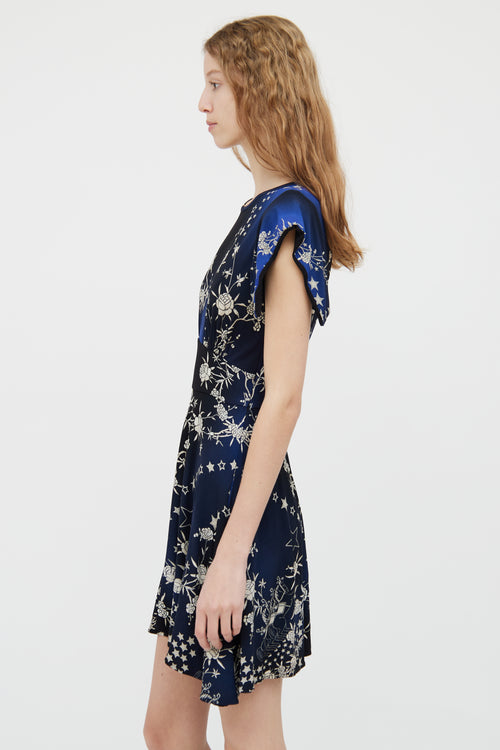 Roberto Cavalli Blue Floral Pattern Short Sleeve Dress