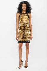 Roberto Cavalli Brown Printed Mesh & Lace Dress