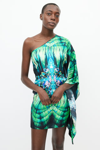 Roberto Cavalli Green & Black Silk Gem Print One Shoulder Dress