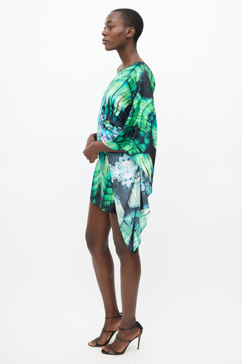Roberto Cavalli Green & Black Silk Gem Print One Shoulder Dress