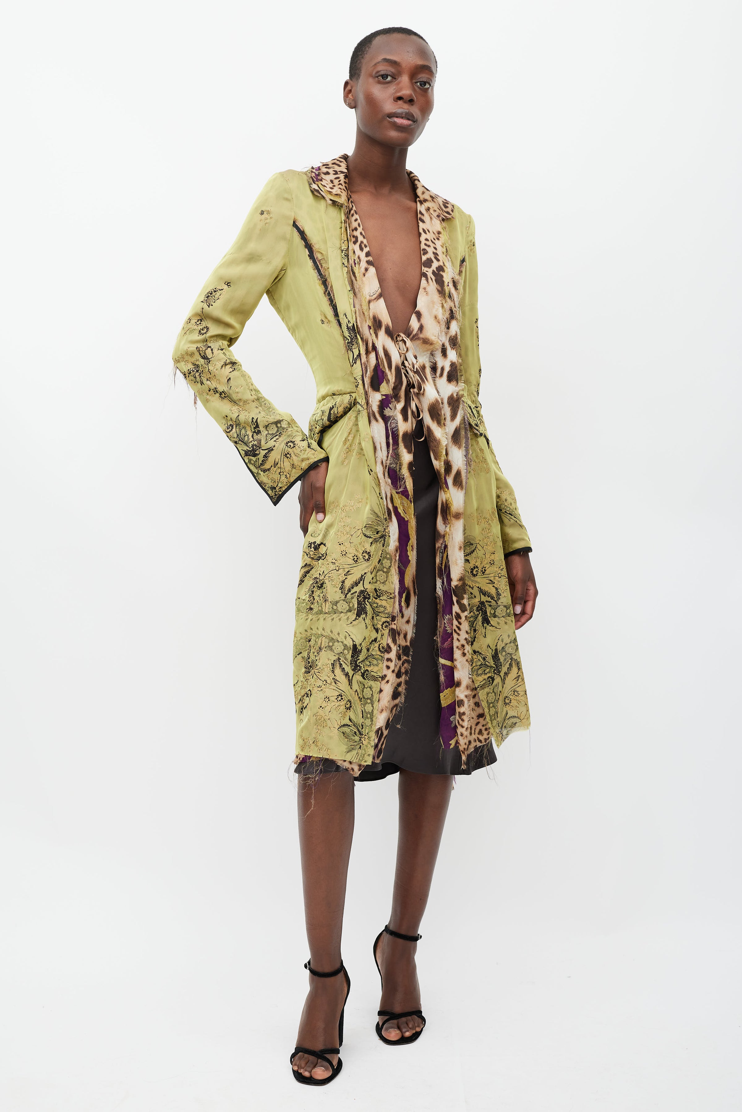 Roberto Cavalli // Green & Multicolour Layered Silk Coat VSP Consignment Roberto Cavalli // Green & Multicolour Layered Silk Coat VSP Consignment