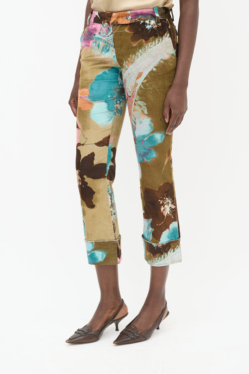 Roberto Cavalli Brown & Multicolour Corduroy Floral Trouser