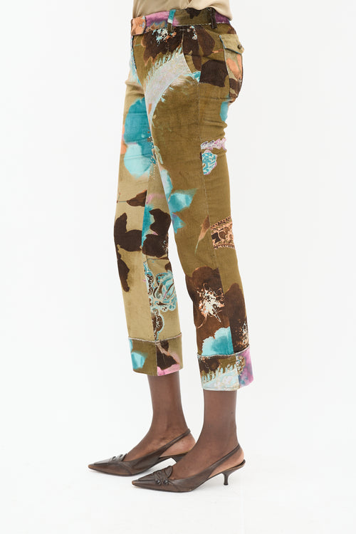 Roberto Cavalli Brown & Multicolour Corduroy Floral Trouser