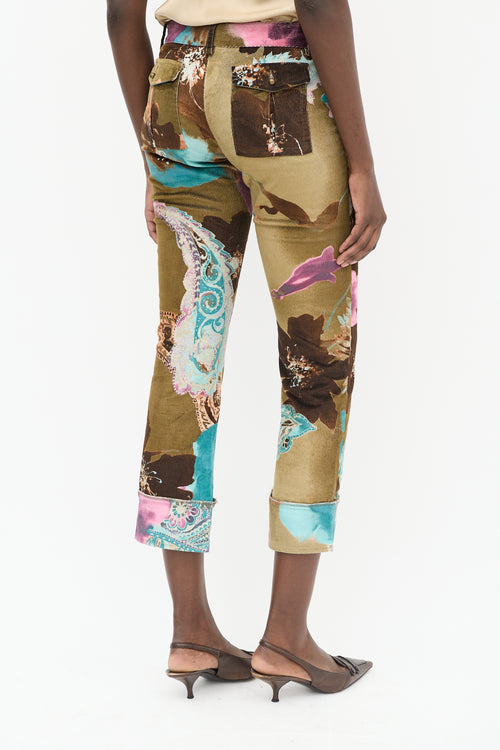 Roberto Cavalli Brown & Multicolour Corduroy Floral Trouser