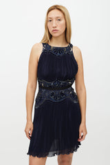 Roberto Cavalli Navy & Gold Sequin Pleated Silk Dress