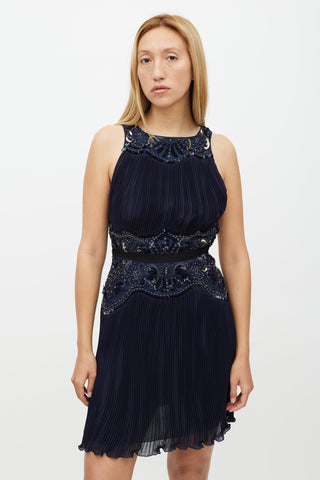 Roberto Cavalli Navy & Gold Sequin Pleated Silk Dress
