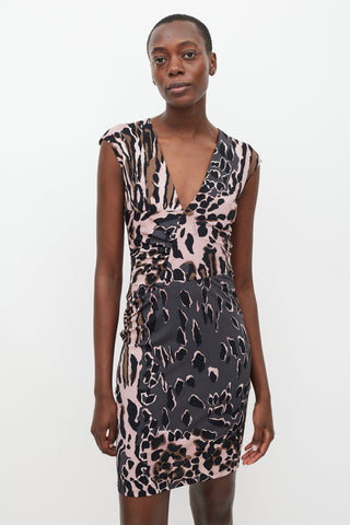 Roberto Cavalli Pink & Black Printed Pleated Waist Dress