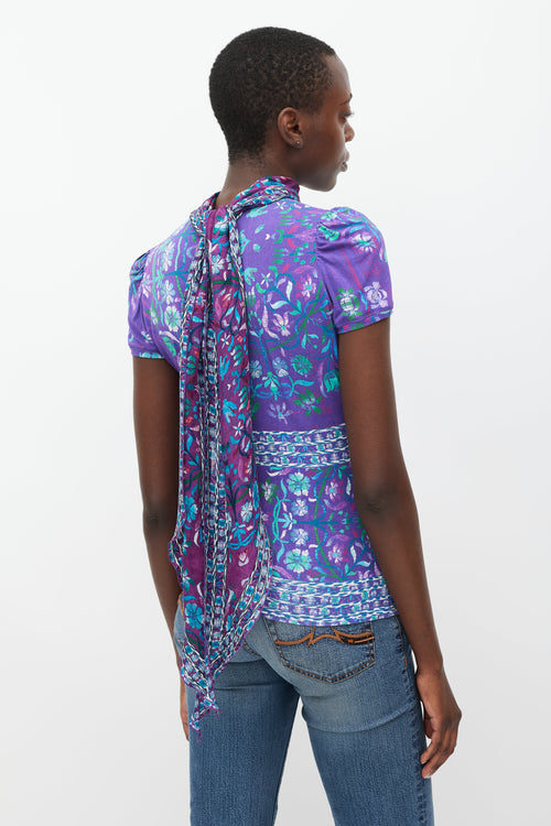 Roberto Cavalli Purple & Multicolour Floral Tie Neck Top