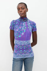 Roberto Cavalli Purple & Multicolour Floral Tie Neck Top
