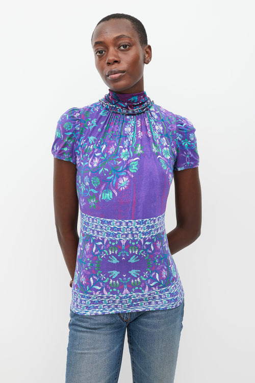 Roberto Cavalli Purple & Multicolour Floral Tie Neck Top