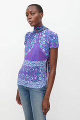 Roberto Cavalli Purple & Multicolour Floral Tie Neck Top