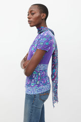 Roberto Cavalli Purple & Multicolour Floral Tie Neck Top