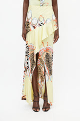 Roberto Cavalli SS 2004 Yellow & Multi Silk Print Ruffle Skirt