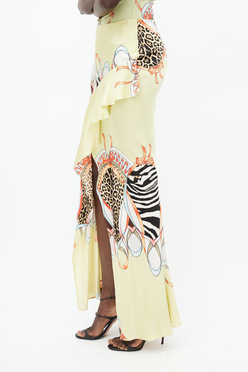 Roberto Cavalli SS 2004 Yellow & Multi Silk Print Ruffle Skirt