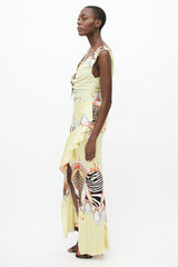 Roberto Cavalli SS 2004 Yellow & Multi Silk Print Ruffle Skirt