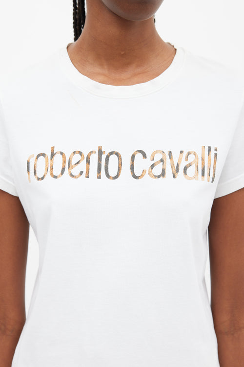 Roberto Cavalli White & Brown Printed Logo T-Shirt