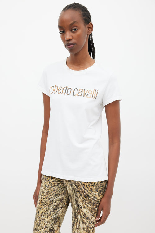 Roberto Cavalli White & Brown Printed Logo T-Shirt