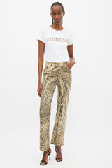 Roberto Cavalli White & Brown Printed Logo T-Shirt