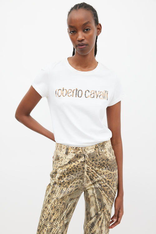 Roberto Cavalli White & Brown Printed Logo T-Shirt