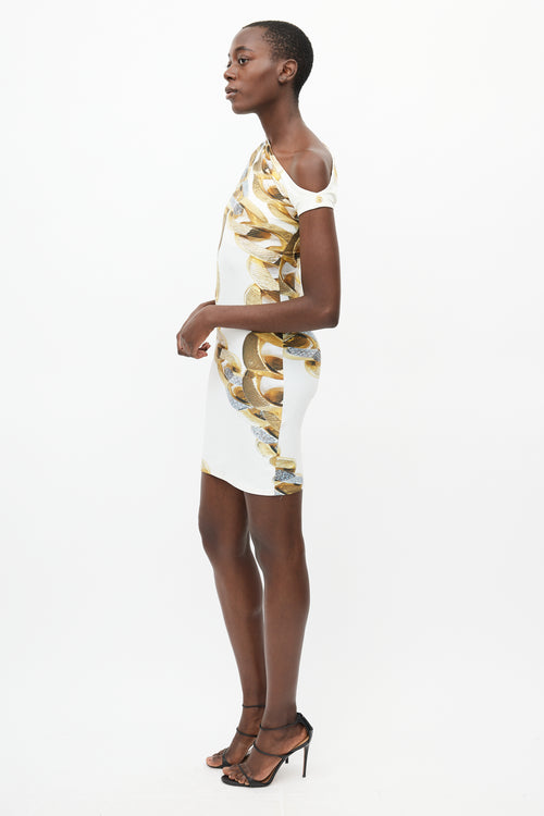 Roberto Cavalli White & Gold Chain Print Asymmetrical Dress